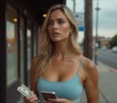 Underbanked financial services: Blonde woman outside payday loan shop holding cash and phone, representing underbanked financial services.