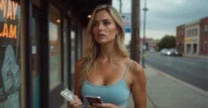 Underbanked financial services: Blonde woman outside payday loan shop holding cash and phone, representing underbanked financial services.