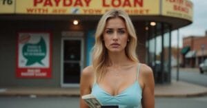 Blonde woman in front of payday loan store looking concerned, symbolizing underbanked financial services crisis.