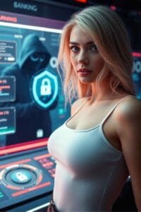 A woman in a white top stands near a futuristic banking interface displaying a padlock icon, with a hooded figure in the background representing potential cyber threats