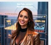 A modern office setting with two young professionals discussing wealth management strategies in front of a laptop.