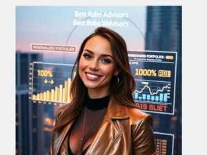 A modern office setting with two young professionals discussing wealth management strategies in front of a laptop.