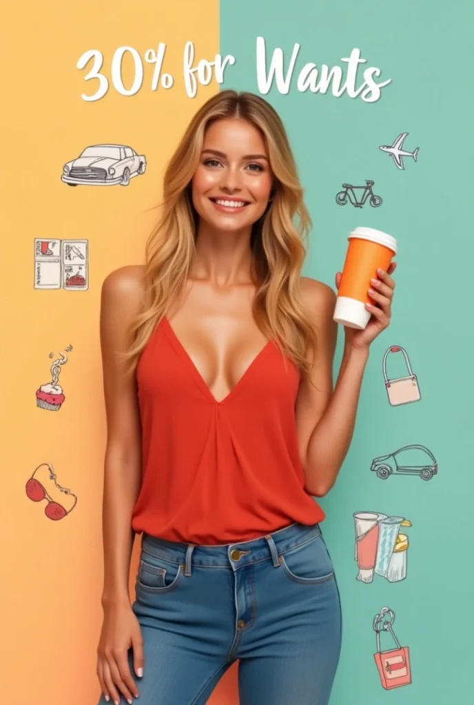 A cheerful blonde woman in a red camisole and jeans holding a coffee cup, surrounded by illustrated icons of lifestyle wants like travel, food, shopping, and entertainment, with the text “30% for Wants”.