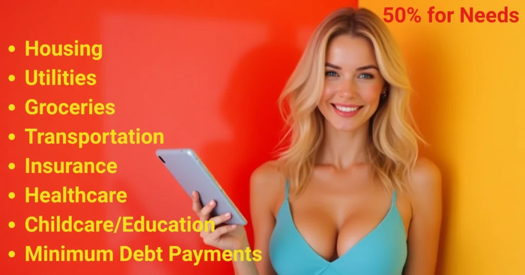 A smiling blonde woman in a turquoise camisole holding a tablet, standing against a vibrant red-orange background with a list of essential expenses under the heading "50% for Needs."