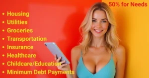 A smiling blonde woman in a turquoise camisole holding a tablet, standing against a vibrant red-orange background with a list of essential expenses under the heading "50% for Needs."