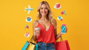 Smiling blonde woman in red camisole holding coffee and phone, surrounded by icons representing discretionary spending like travel, dining, shopping, and entertainment, symbolising the 30% "Wants" category of the 50/30/20 budgeting rule.