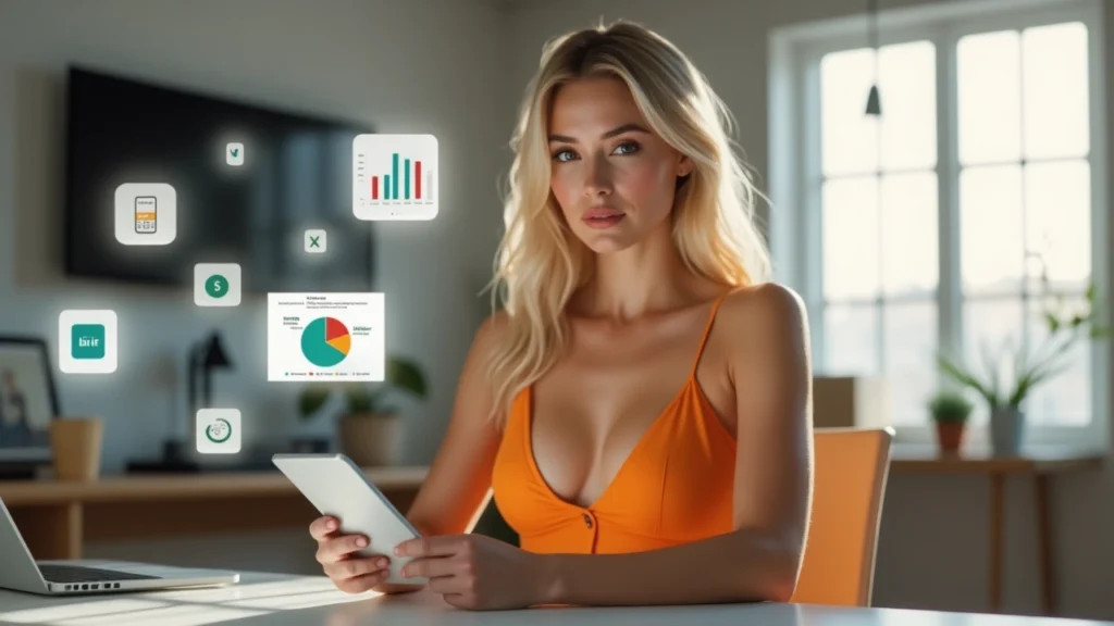 Blonde woman in orange camisole using a budgeting app on a tablet, surrounded by digital icons of charts, graphs, and financial tools.