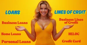 Woman comparing loans and lines of credit with infographic labels in a yellow background.