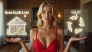 Blonde woman in red dress comparing Home Equity Loan and HELOC with financial icons in a luxury home setting.
