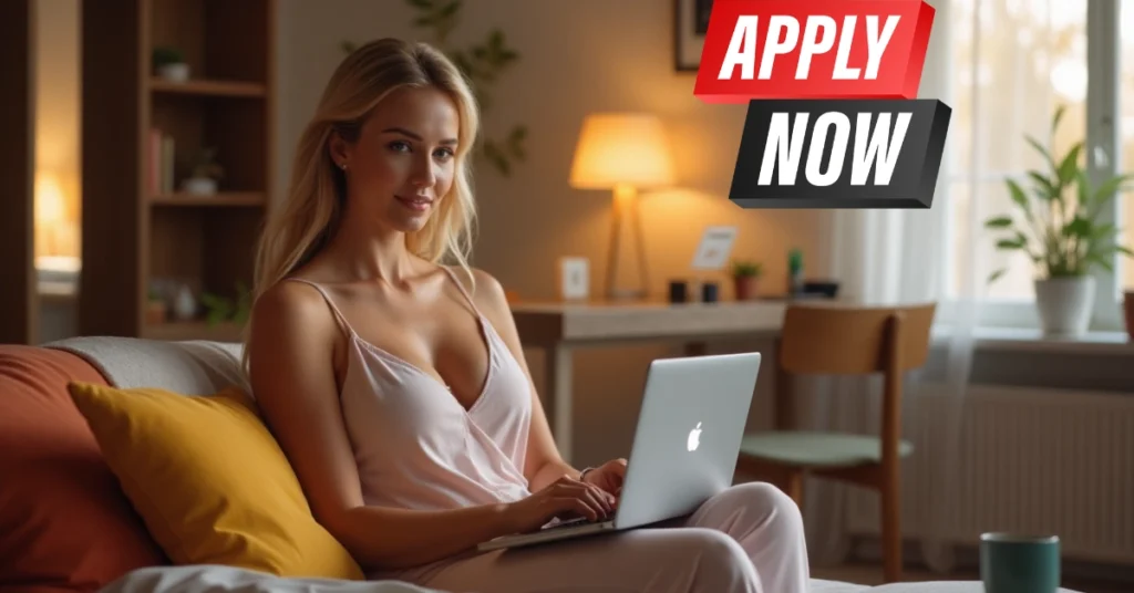 Woman on a sofa using a laptop with floating icons that say “Instant Approval” and “Apply Now” for a loan.