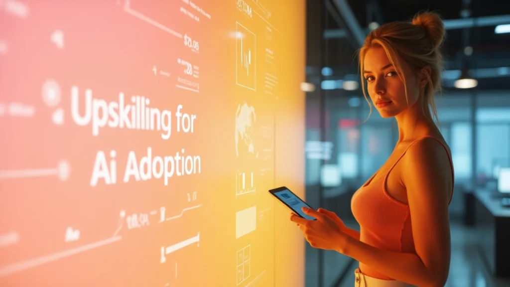 Blonde woman in a modern office using AI tablet, with glowing red-orange tech screen displaying "Upskilling for AI Adoption".