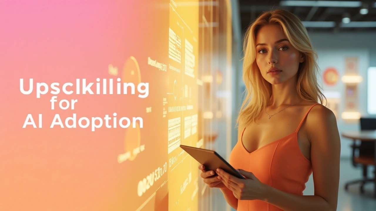 Stylish blonde woman in orange dress holding tablet beside digital AI interface with “Upskilling for AI Adoption” text.