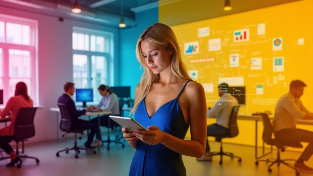 Split-screen image showing traditional vs. AI-powered banking; central blonde professional learning on tablet.