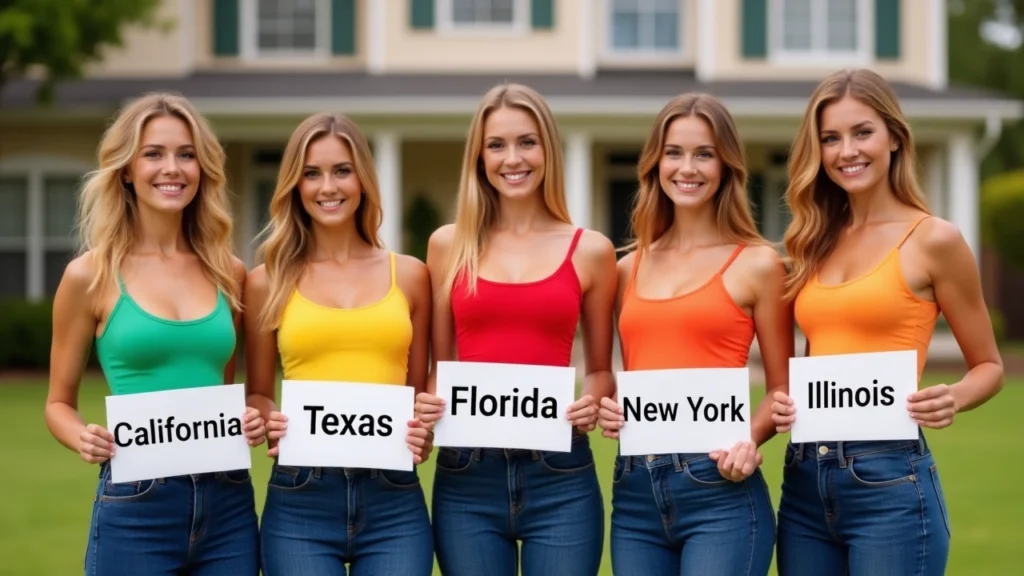 Five smiling blonde women holding signs labeled California, Texas, Florida, New York, and Illinois, standing in front of a suburban home and representing first-time homebuyer programs across U.S. states.