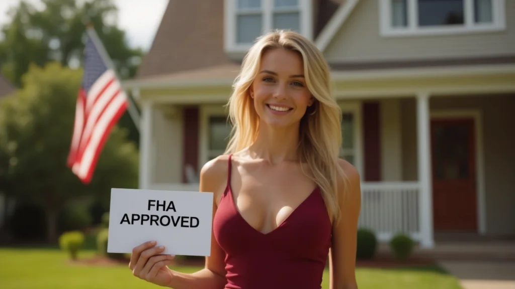 Smiling young blonde woman in a deep red camisole holding an "FHA Approved" sign in front of a suburban home with the American flag in the background.