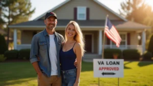 Happy veteran couple standing in front of a new home with a “VA Loan Approved” sign and American flag, representing first-time homebuyer programs.
