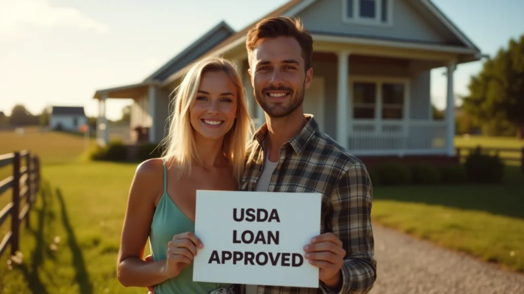Happy young couple holding a “USDA Loan Approved” sign in front of their rural home, representing first-time homebuyer programs.