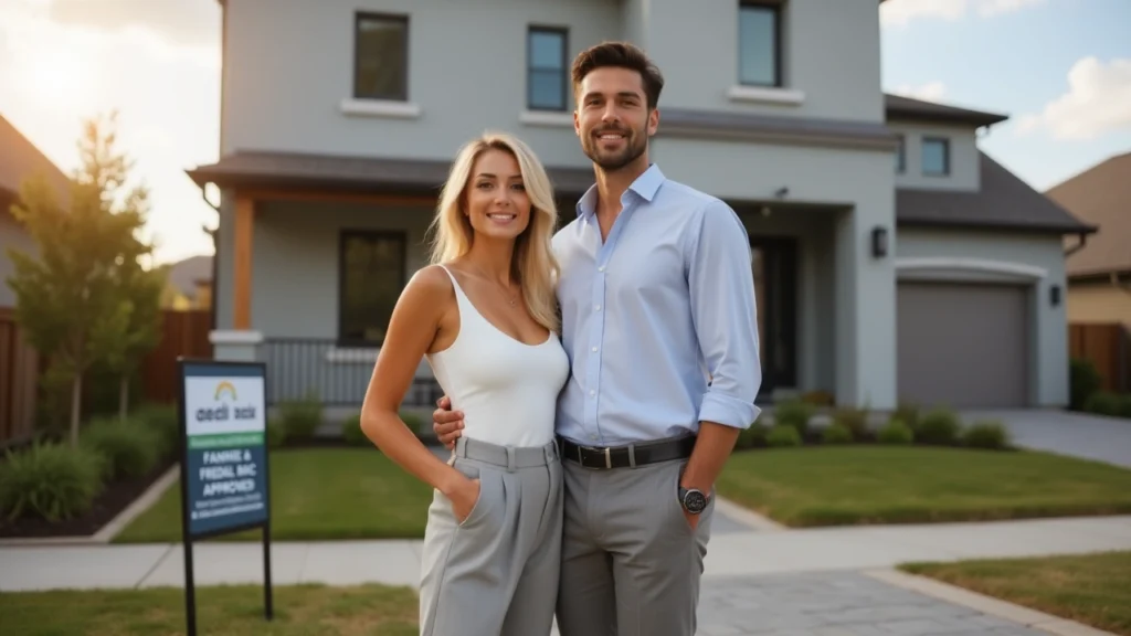 Smiling young couple in business-casual attire standing in front of a modern home with a “Fannie Mae & Freddie Mac Approved” sign, representing first-time homebuyer programs.