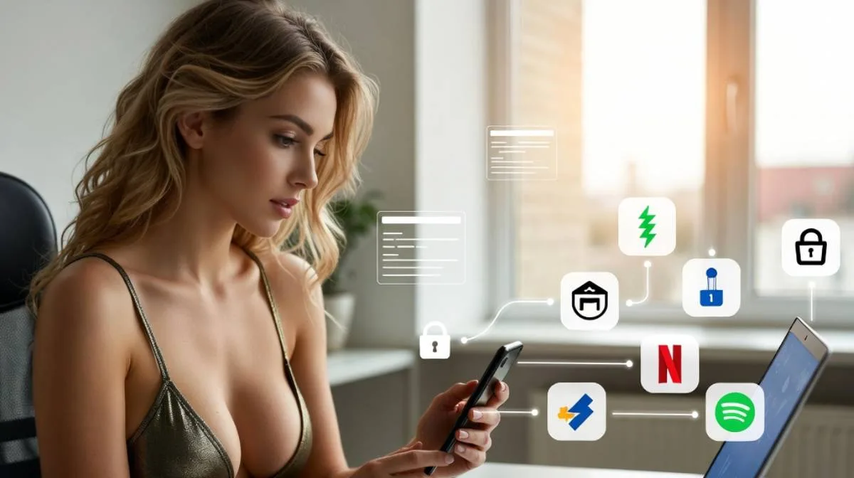 Woman using phone and laptop.