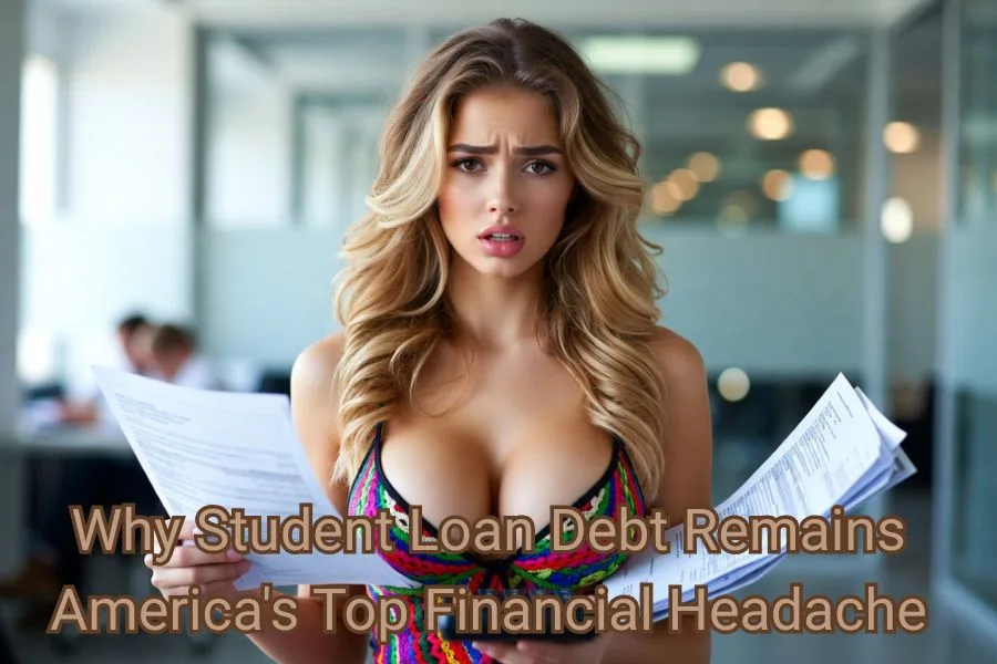 A concerned young woman holding student loan documents in an office setting, illustrating the stress and confusion many Student Loan Debt : Americans face when managing rising student loan debt.