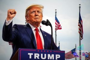 Trump Policies showing determined fist pump at podium with American flags, representing firm stance on trade and economic decisions affecting global financial system