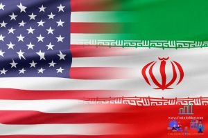 Trump Policies illustrated through merged US and Iran flags symbolizing geopolitical tensions, trade sanctions, and conflict risks affecting the global financial system