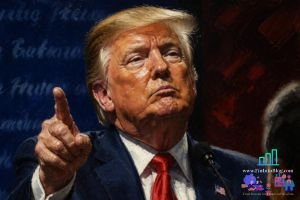 Trump Policies pointing forward symbolizing adamant stance on tariffs and economic decisions impacting global financial stability in 2026.