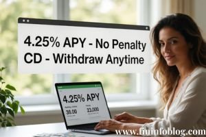Woman checking 4.25% APY No Penalty CD details on laptop screen
