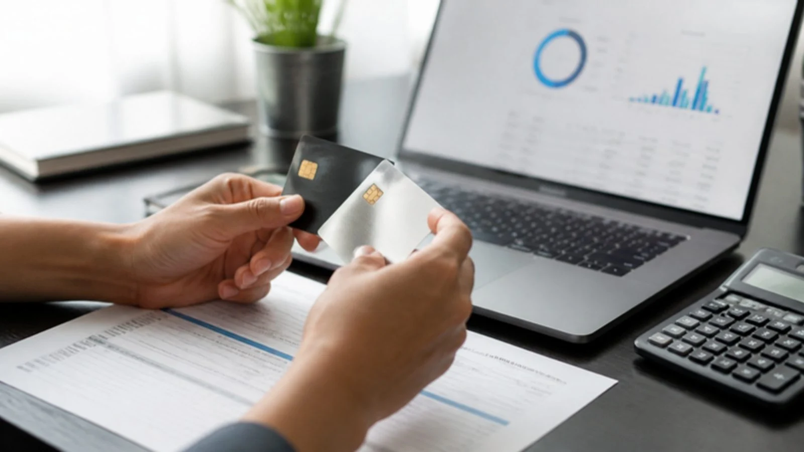 Hands comparing two credit cards over a laptop showing a balance chart