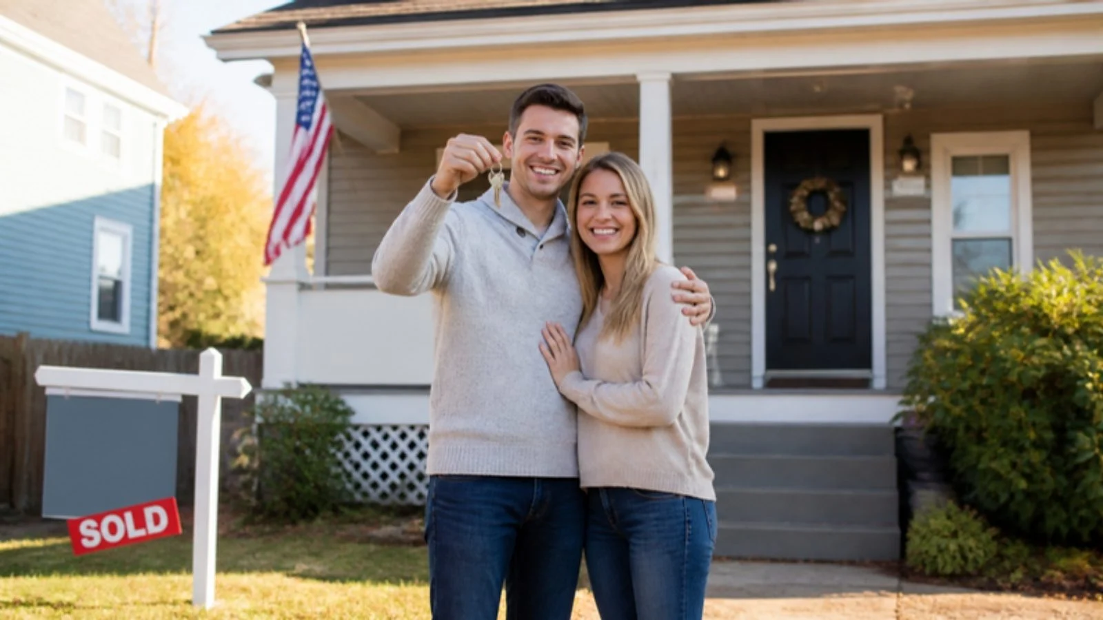 Young couple holding the keys to their first home in front of the porch
