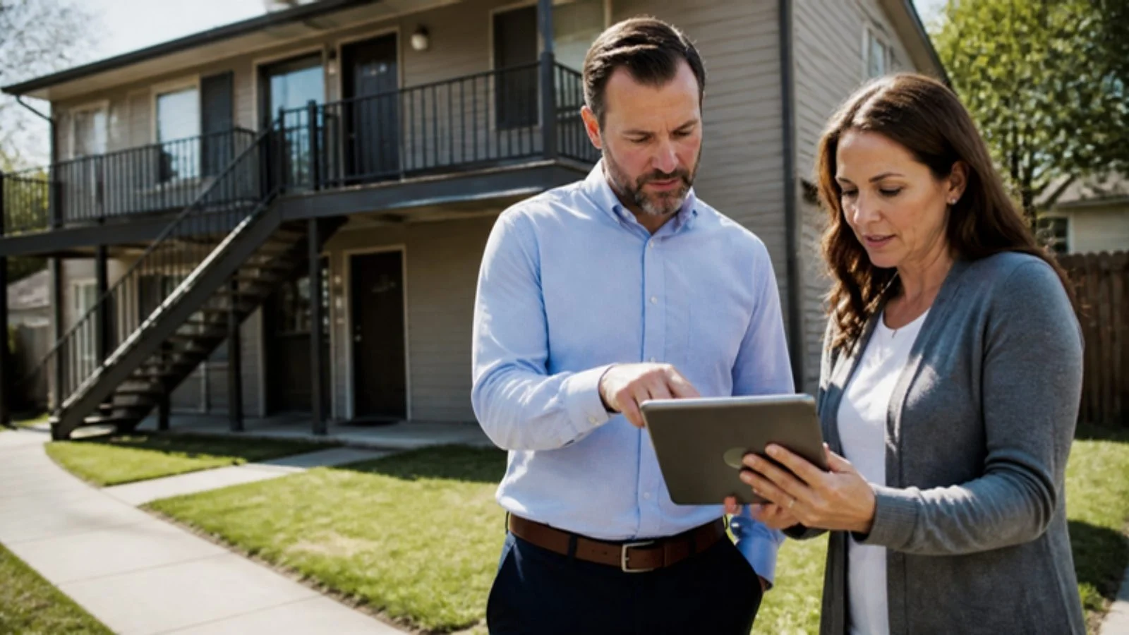 Two investors reviewing a rental property on a tablet outside a duplex