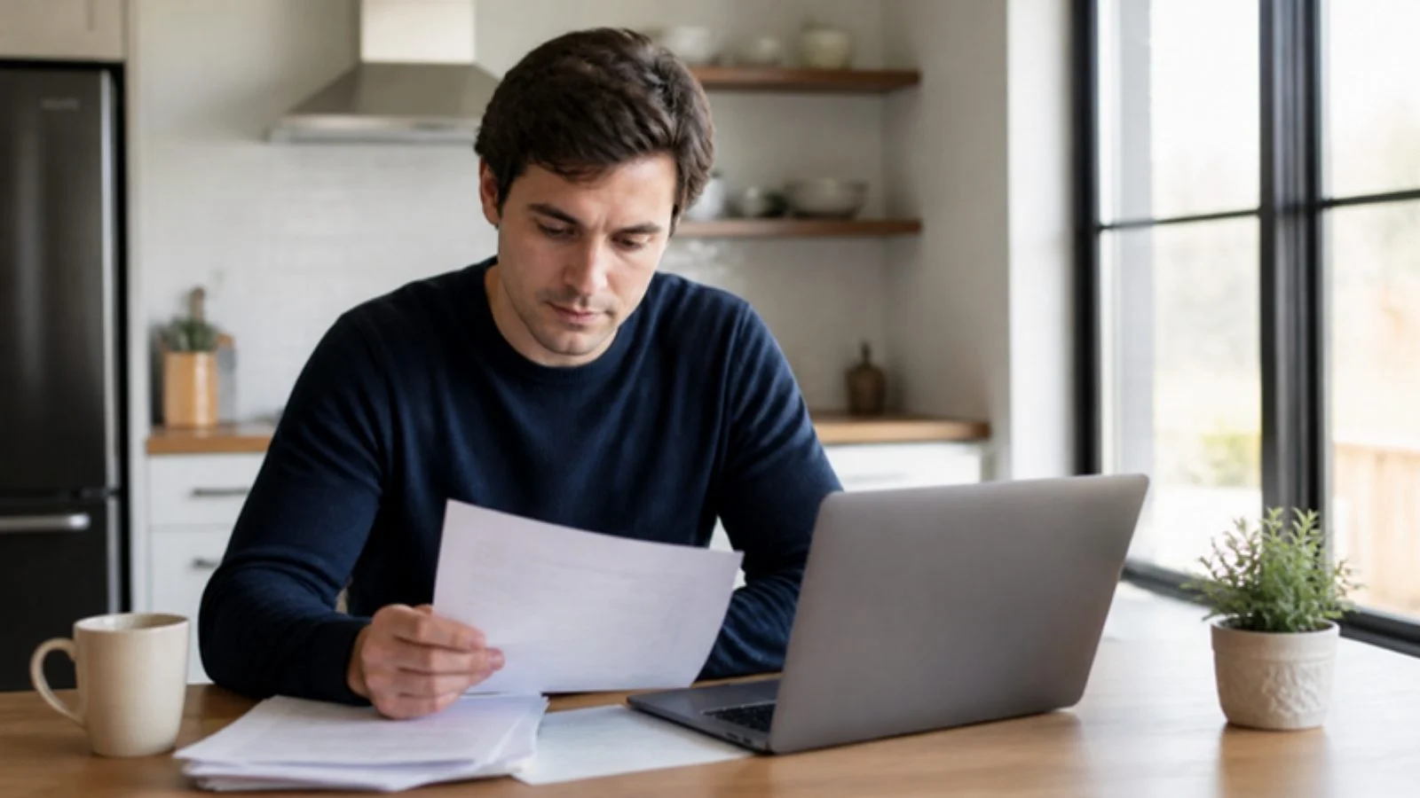 Young man reviewing student loan paperwork at his kitchen table
